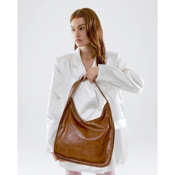 Newbella Women's Brown Soft PU Leather Shoulder Tote Hobo Purses with Zipper - Picture 2 of 9